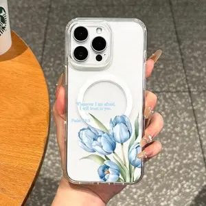 Magnetic Smartphone Casing, Chic Slim-Fit Shockproof Phone Accessory with Drop Protection, Blue Tulips Design, Psalm Quote, Soft Girl Aesthetic Compatible with iPhone 11/12/13/14/15/16/17 Pro, Pro Max, Plus Devices