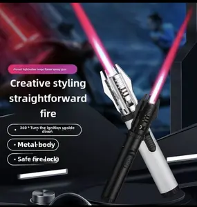 Torch Lighters Butane Adjustable Jet Flame Lightsaber Windproof Refillable Long Lighter for Candle, BBQ, Fireworks (Butane Not Included) Black Kitchen Hot Pot Cook Gift Lightweight Decor