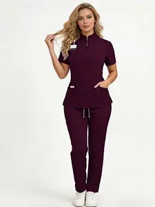 Women's Healthcare Scrub Set Uniforms with Multi-Pockets, Short-Sleeve Casual Loose-Fitting Design in Breathable Quick-Dry Wrinkle-Resistant Fabric, for Home and Clinic Use