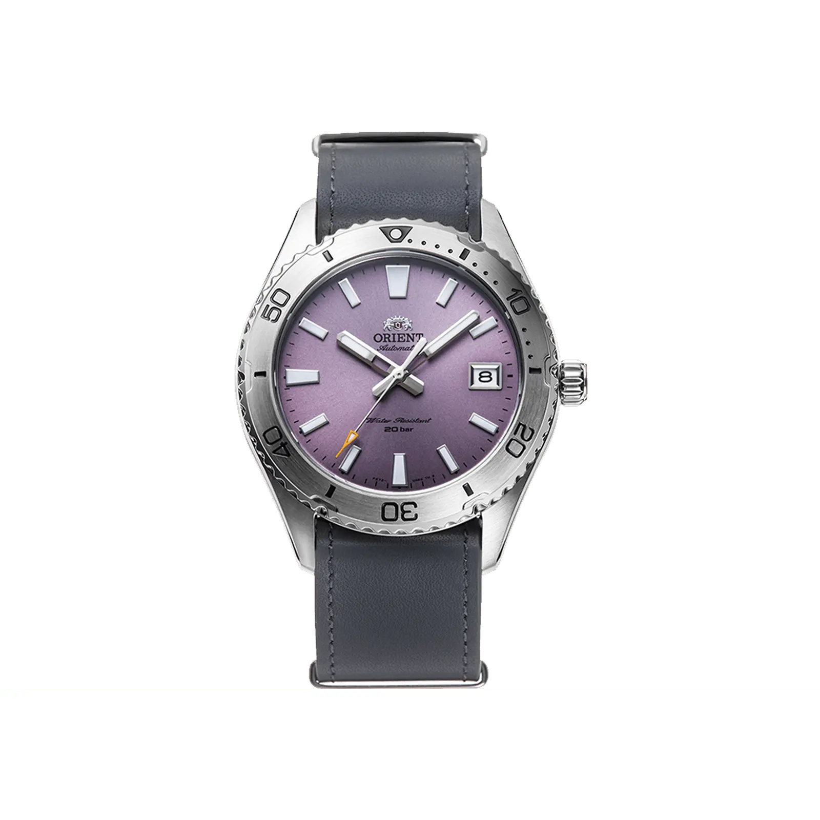 Orient Men's RA-AC0Q07V30B Mechanical Diver Watch, 200m Water Resistance, Round Stainless Steel Case, Automatic Movement, Purple Dial with Luminescent Hands, Sapphire Crystal, Leather Strap with Buckle, 100M - 200M