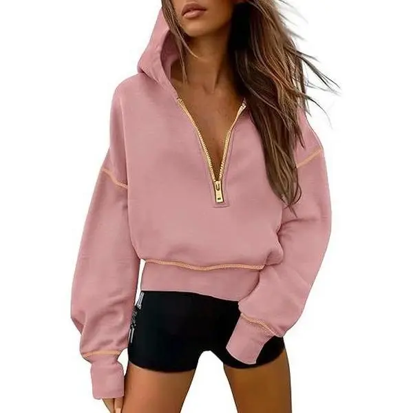 Women's Pink Hooded Sweatshirt Long Sleeve Half Zip Cropped Pullover with Gold Zipper & Stitching Detail for Winter Fashion