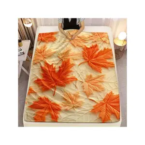 1pc Orange Maple Leaf Print Blanket - Soft Warm Lightweight Flannel Bedspread Suitable Sofa, Camping, Bed - Contemporary Bedspread With Orange & Maple Leaf, - Cozy Bed, Birthday Mother's Day Size