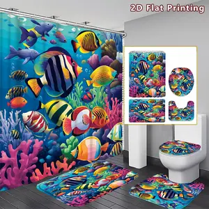 4PCS Tropical Fish Shower Curtain set, Colorful Fish and Coral Bathroom Decor, Accessories with Bath Mat, U-shaped Mat, Toilet Lid Cover, 12 Hooks 180x180cm Curtain, Underwater World, Home Decor, bathroom accessories