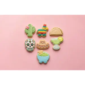 Taco Cookie Set | 3.5" 7 Piece Mexican Night Sugar Skull & Margarita Stamp White