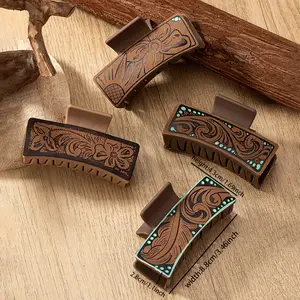 PU Leather Western Native Tribal Print Hair Claw for Women Elegant Minimalist Hair Clip with Unique Sting Design Middle Dimension Oblong Shape Hairpins