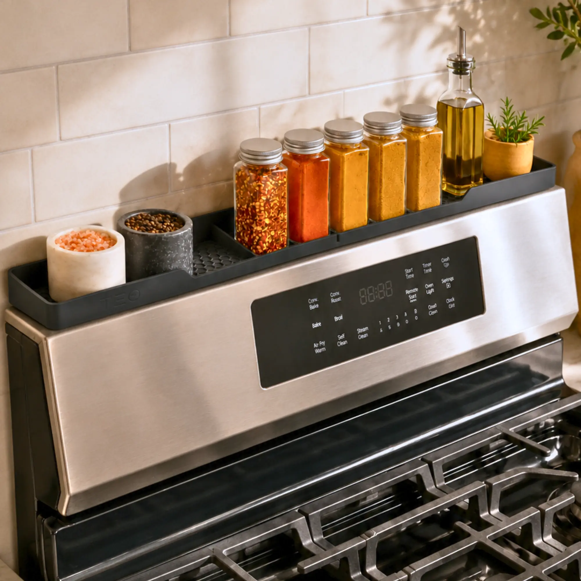 TEO Silicone Magnetic Stove Top Shelf, 30 Inch Over Stove Spice Rack, Shelf for Back of Range, Kitchen Stovetop Storage Organizer, Black
