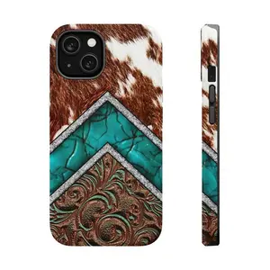 Western Leather Effect Cowhide Turquoise Tough Phone Case Southwestern Cow Lover Gift, Durable Protection.Suitable for iPhone 17-11 Pro Max/Plus and  Samsung Galaxy S23-25
