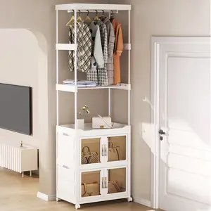 Mobile Wardrobe Clothes Organizer with Haging Rod & Cabinet Clothing Storage Shelf Large Capacity Wardrobe Closet Rack for Bedroom Living Room