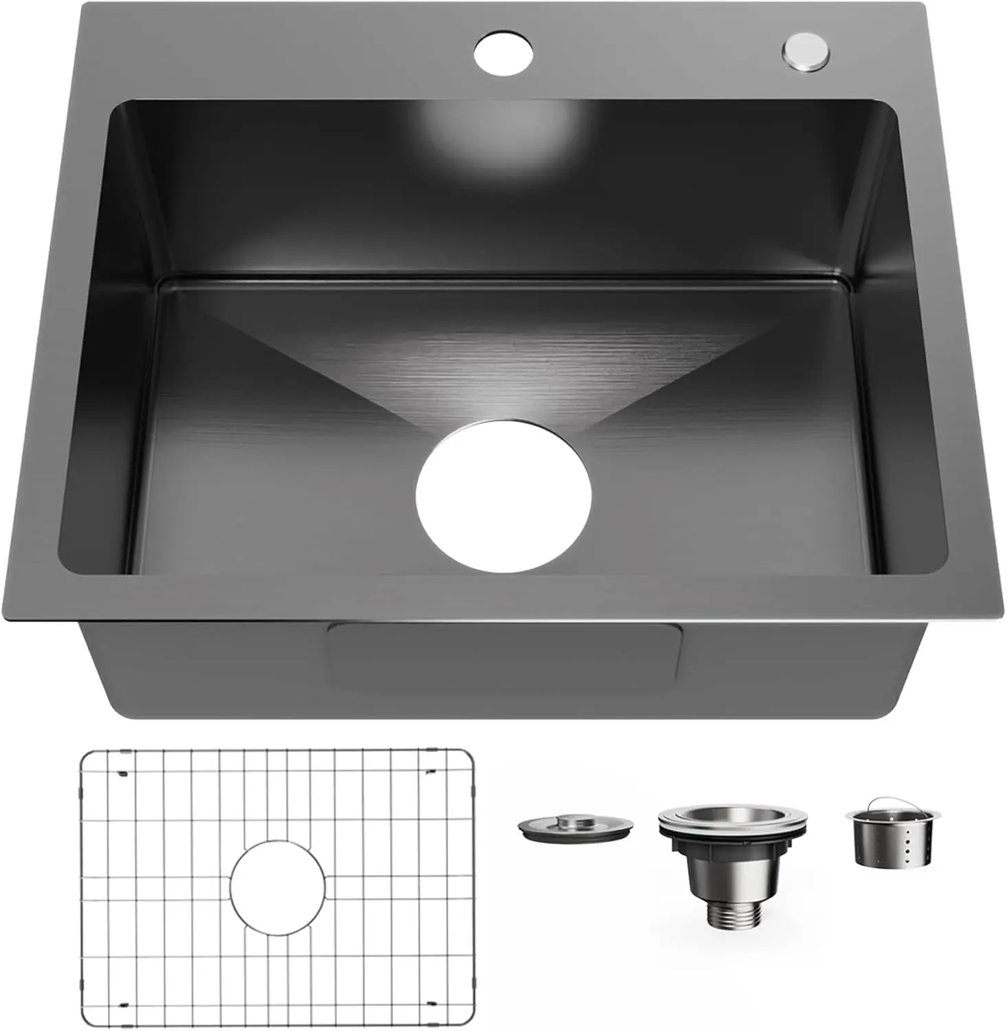 Bathenum 20" x 16" Drop in Kitchen Sink 304 Stainless Steel Single Bowl Topmount Bar Sink with Drain Kit and Bottom Grid, Black
