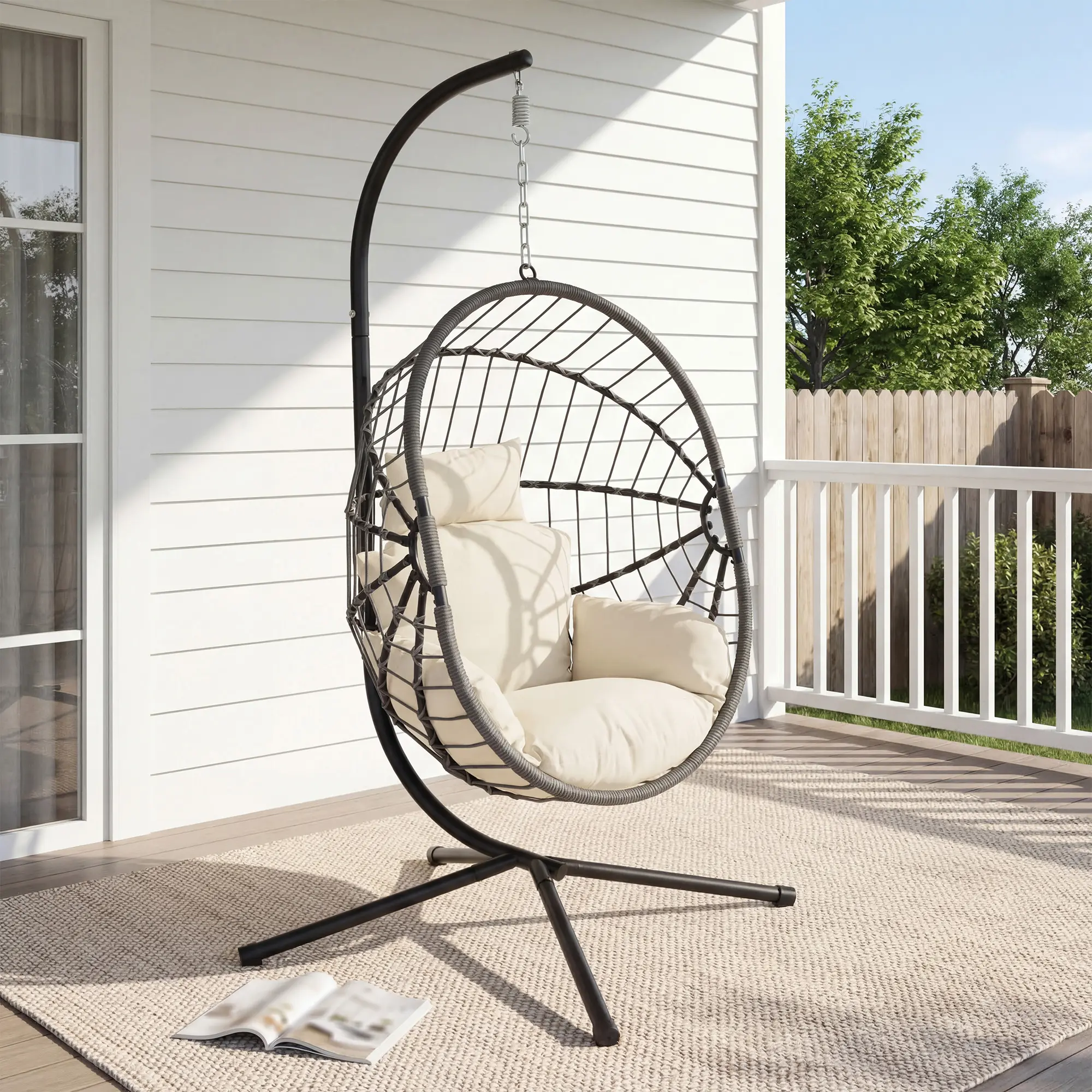 Hand-Woven Rattan Egg Swing Chair - Cloud-Like Sitting Sensation, Soft Cushion, Load-Bearing, Easy-Install Patio Furniture, Boho Decor for Balcony-To-Bedroom Unwinding