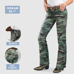 Flamingals Stretchy Camo Pattern Contrast Stitch Mid Rise Bootcut Pants Womenswear