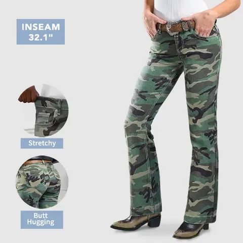 Flamingals Stretchy Camo Pattern Contrast Stitch Mid Rise Bootcut Pants Womenswear