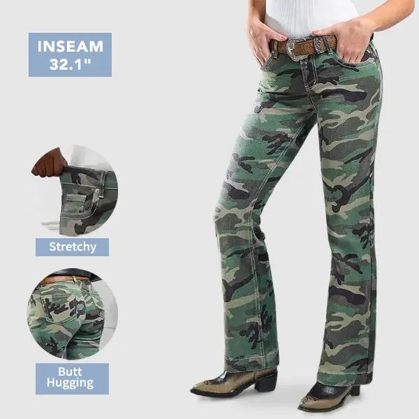 Flamingals Stretchy Camo Pattern Contrast Stitch Mid Rise Bootcut Pants Womenswear Flamingals Stretchy Camo Pattern Contrast Stitch Mid Rise Bootcut Pants Womenswear
