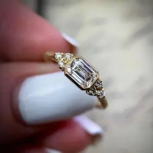 2026 East West Emerald Cut Moissanite Wedding Ring, Milgrain Bezel Set Engagement Ring, Round Side Diamond Ring, Trendy Anniversary Gift for Wife