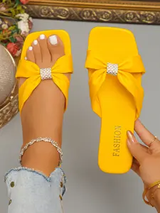 Women's Beige Square Toe Slide Sandals with Bow & Rhinestone Decor #WomenSandals #BowSlides #SquareToeSlides #RhinestoneSlides #SummerSlides