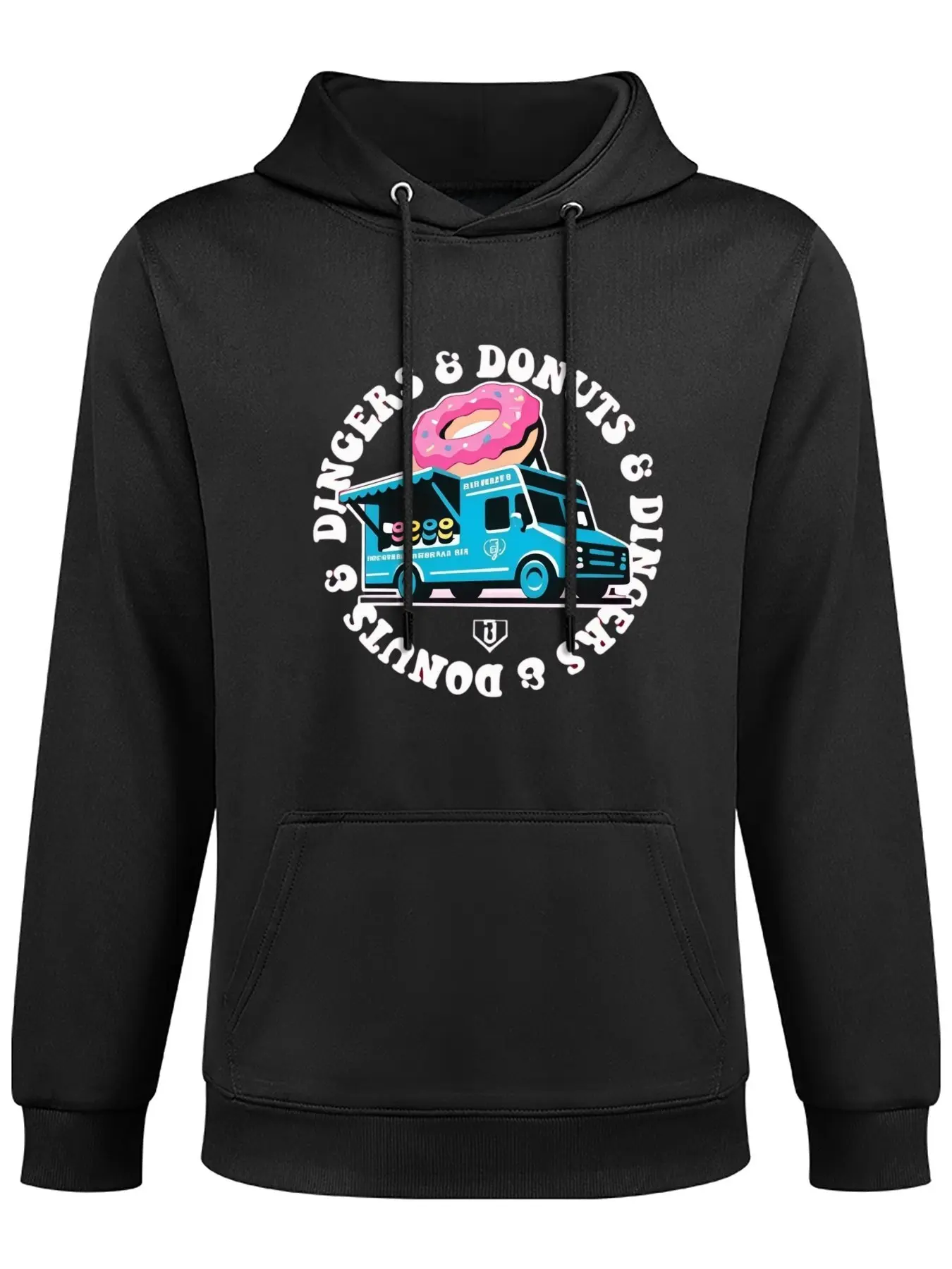 Men Black Pullover Hoodie Dingers & Donuts Food Truck Donut Print Casual Loose Fit Daily Streetwear Hooded Sweatshirt