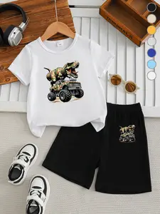 Summer Boys T-Shirt and Loose Shorts Set Clothes Kids with Dinosaur on Camouflage Truck, Casual Comfortable for Play and Family Outings