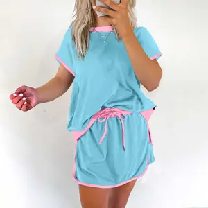Turquoise Colorblock Edge Drop Shoulder T Shirt And Skort classy Two Piece Knit Lounge Set, Casual Fashion Matching Outfit For Women, Soft Lightweight Relaxed Fit Apparel For Daily Street Leisure And Outdoor Occasions SummerVibes