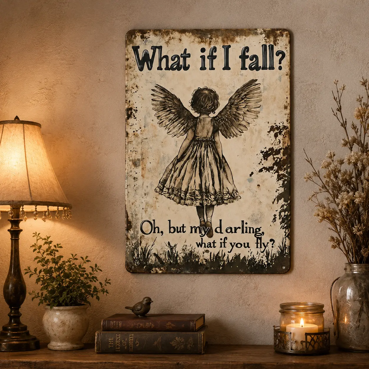 Vintage Angel Girl Metal Tin Sign, Inspirational Quote Wall Decor "What If I Fall What If You Fly", Retro Distressed Rustic Tin Plaque, Farmhouse Bedroom Office Wall Hanging, Encouragement Gift For Women Girlsz