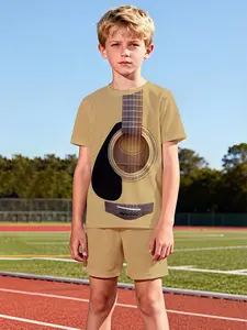 Two-piece short-sleeve and shorts set for guitar players with sand gold design, 100% polyester casual loose fit set, fun printed patterns for summer, outdoor sports T-shirt set, perfect gift for boys