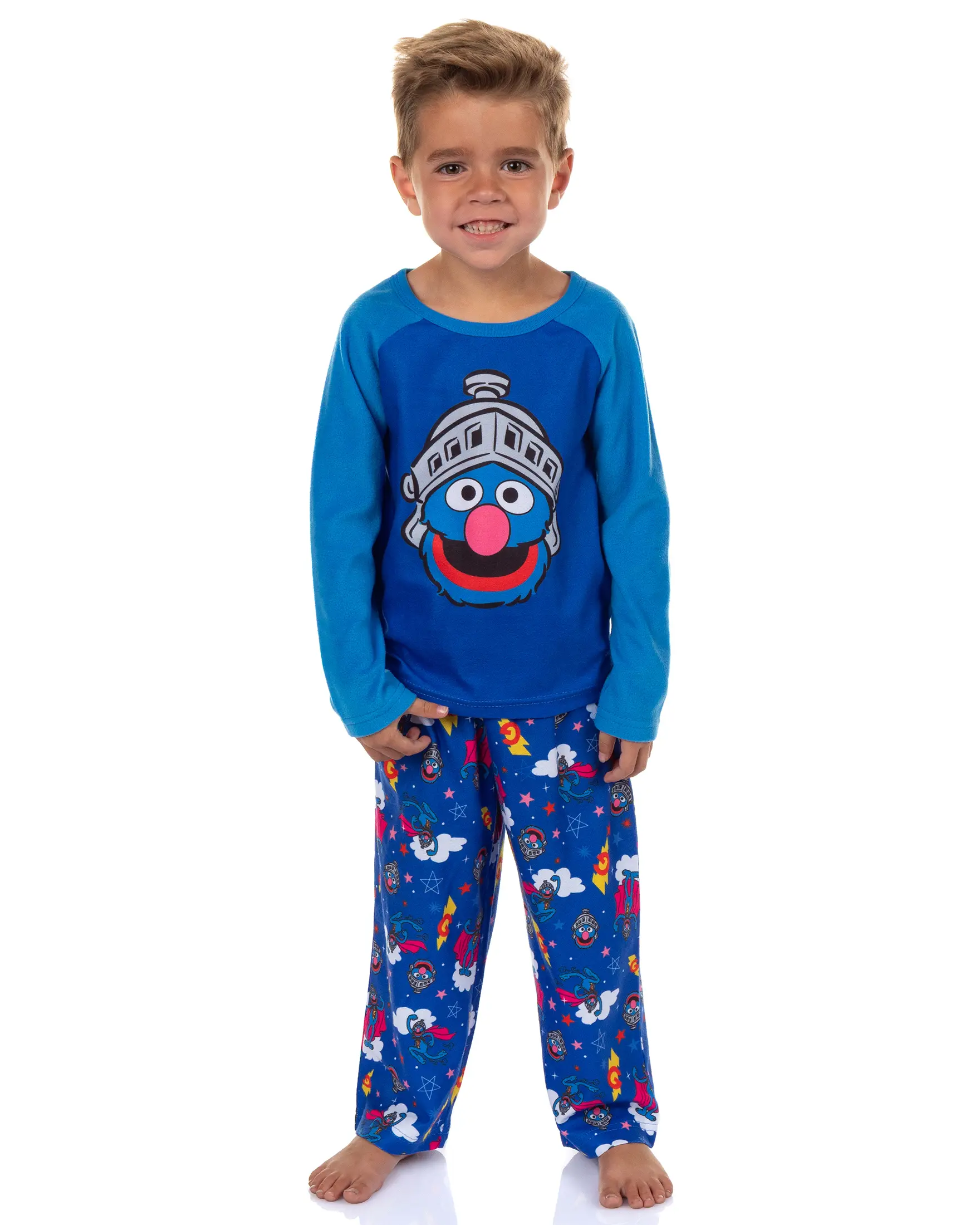 PJammy Sesame Street Pajama Set, Toddler Boy's Cozy 2-Piece Super Grover Cartoon Print Fleece Sleepwear, Cartoon Print Pajama, Print Sleepwear