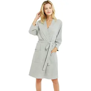 Womens Robes, 100% Cotton Lightweight Robes 3/4 Sleeves Kimono Knit Soft Loungewear Short BathrobeGift