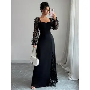 Elegant solid-color square-neck mesh long-sleeve slit dress, suitable for autumn fashion, plain style, long sleeves, women’s clothing GARMENTARY