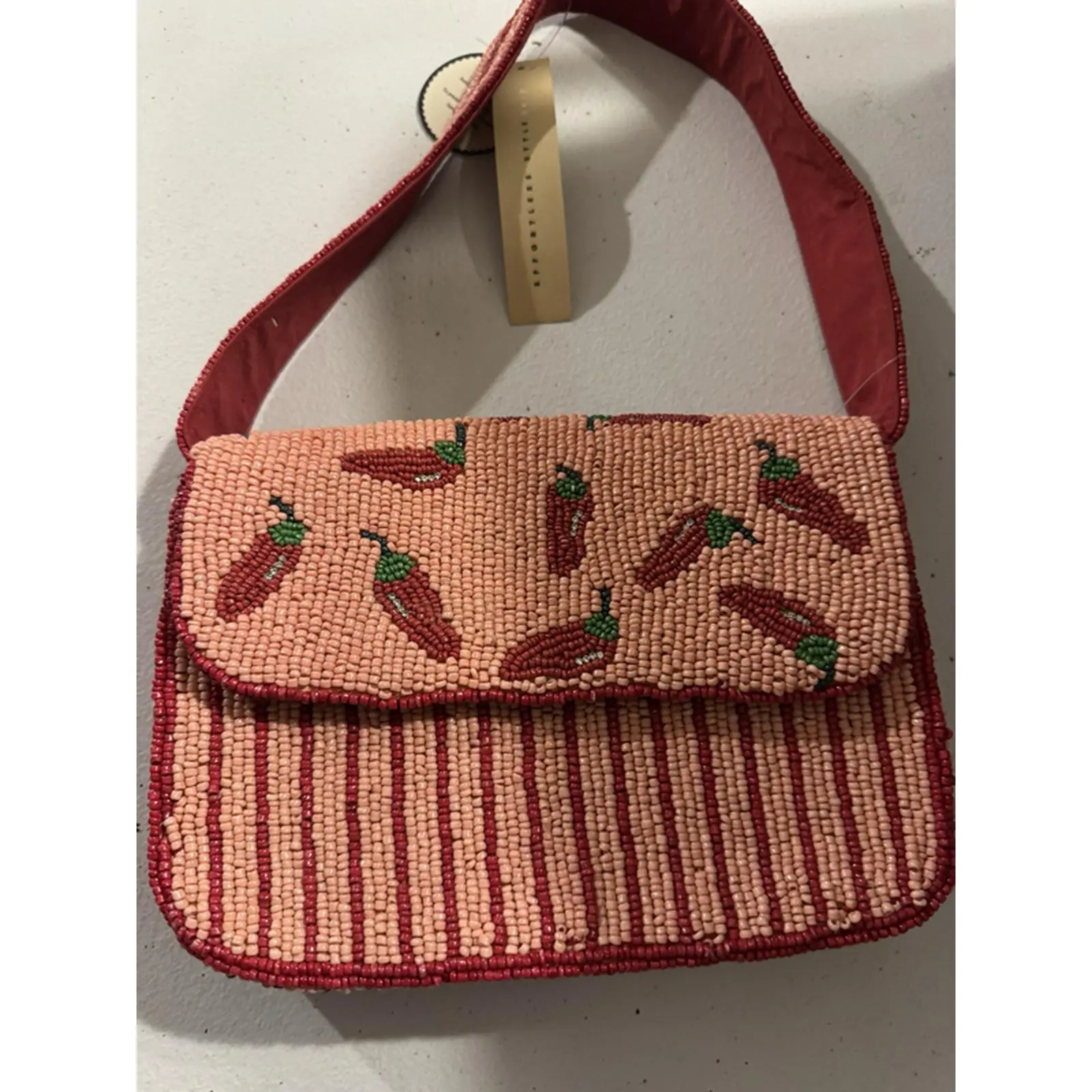 Chili Pepper Beaded Handbag with Red Stripes and Green Leaves, Red Strap, Ideal for Everyday Use