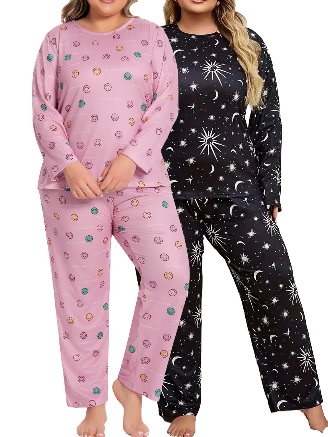 Women's Plus Size 2-Piece Longsleeve Celestial Print Pajama Set - Ultra-Soft Top, Soft Pants, Multi-Size, Oversized, Sleep-Friendly 2-Pack All-Seasons Loungewear Sets, Multi-Size Loungewear Sets, Oversized Loungewear Sets