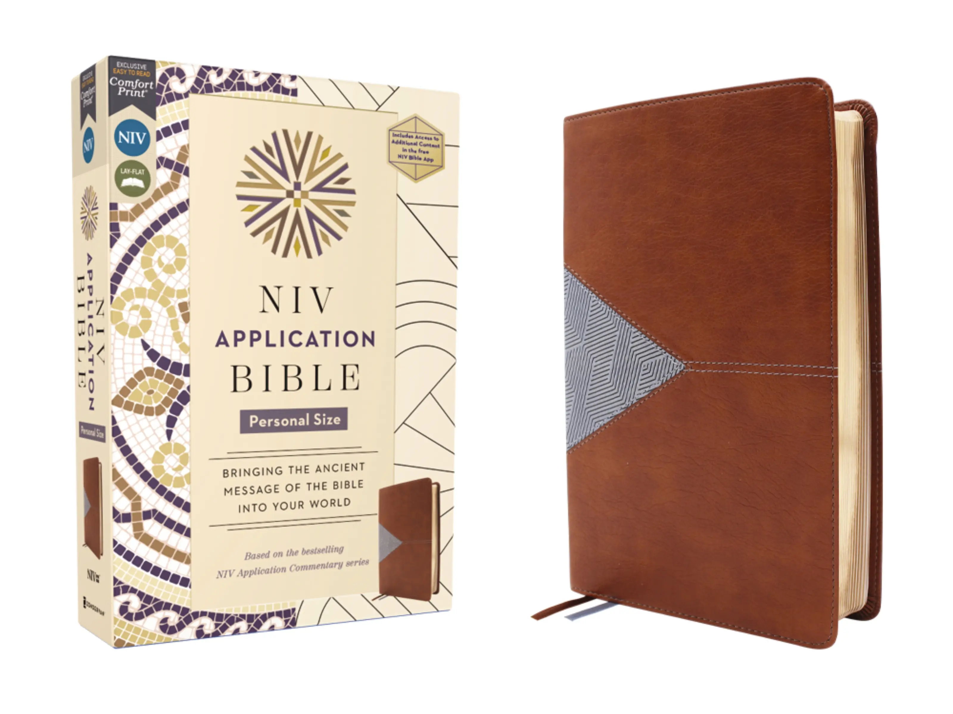 NIV Application Bible, Personal Size, Leathersoft, Brown/Blue, Red Letter, Comfort Print: Bringing the Ancient Message of the Bible into Your World (NIV Application Commentary Resources) by Zondervan [Leatherbound Book]