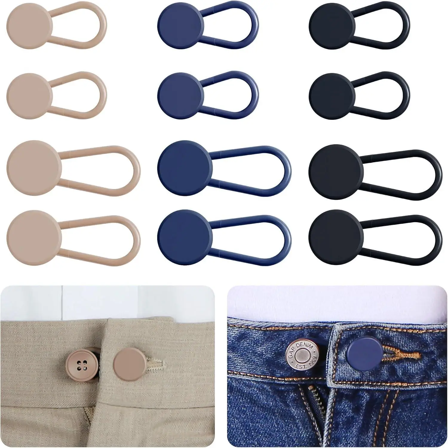 12 count Button Extenders for Jeans, Pants Button Extender for Women Men, 3 Colors Pant Waistband Expander, Pants Extension 1-1.4 Inches