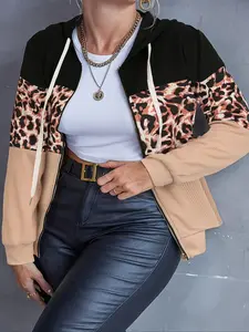 Plus Size Women's Leopard Print Patchwork Jacket, Casual Fashion Long Sleeve Outerwear, Fall & Winter Clothing for Ladies