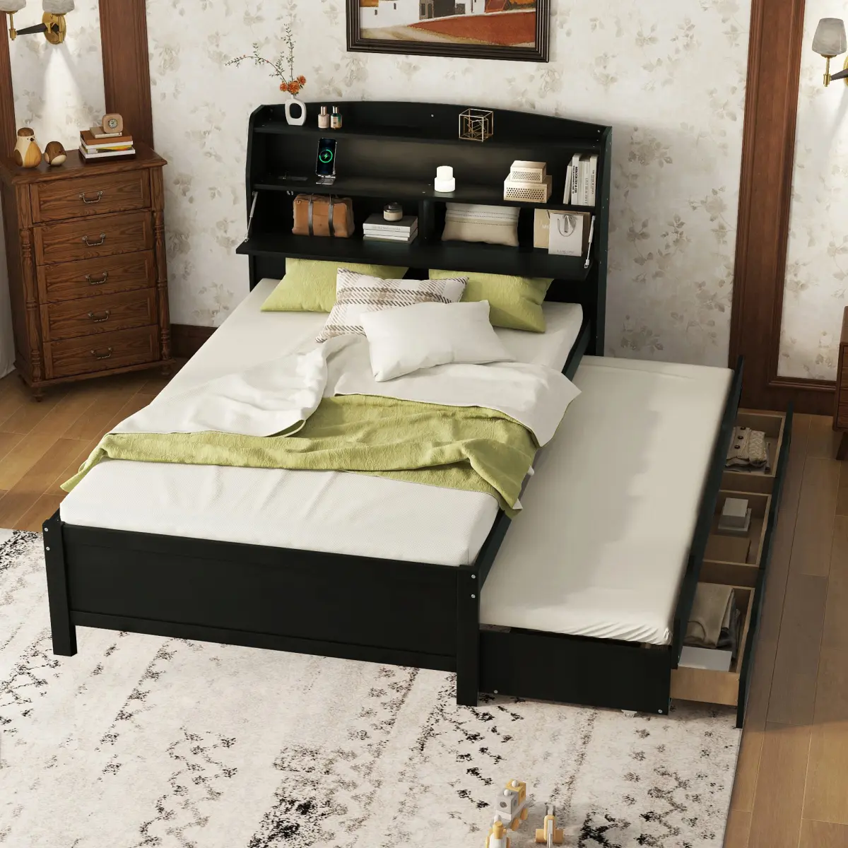 Full Size Wooden Captain Bed with Trundle, LED Storage Headboard, 3 Drawers, USB Outlets and Hidden Compartment for Bedroom (Espresso)