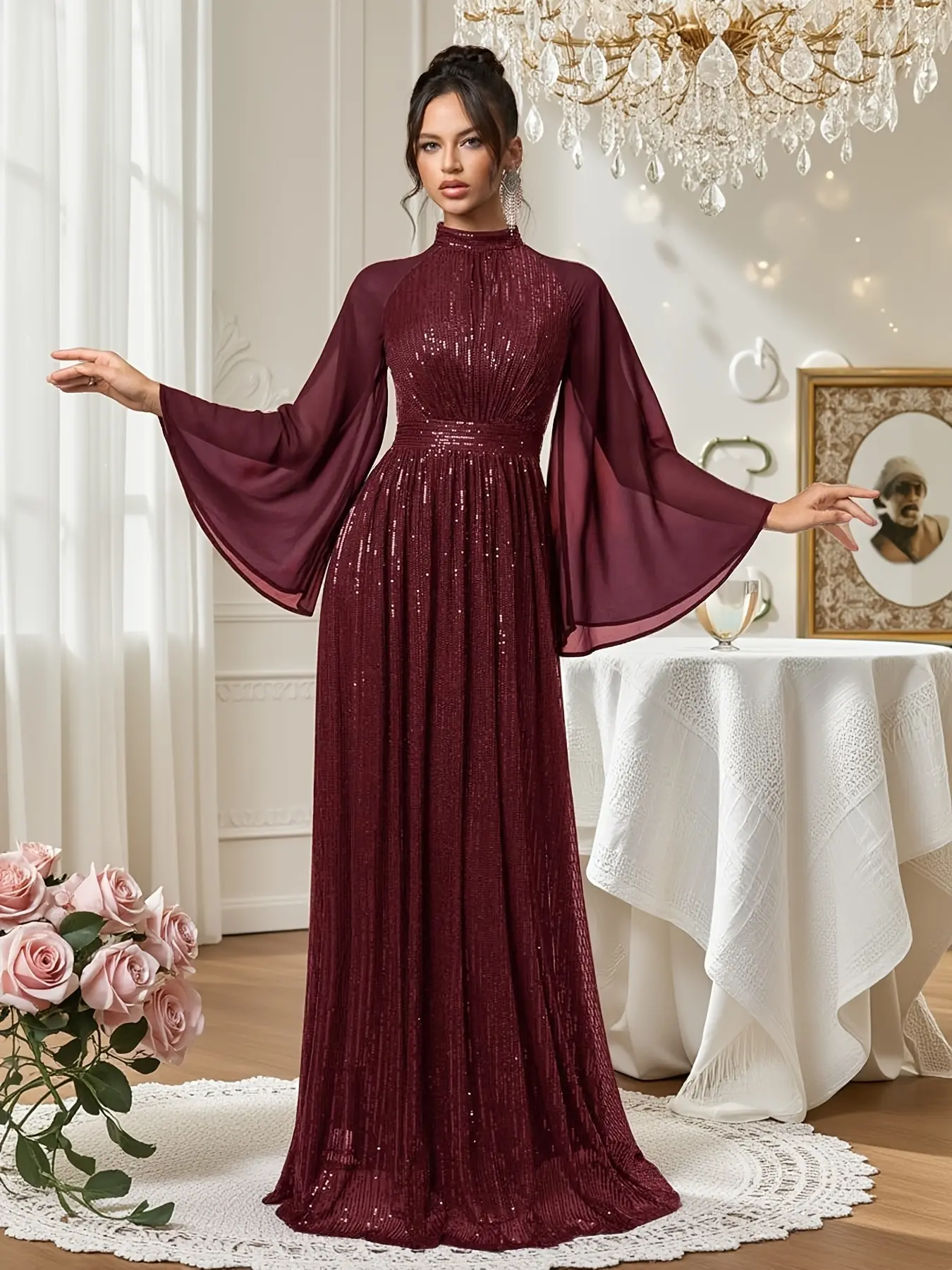 Women's Elegant Sequined Formal Evening Dress, Autumn Winter Party Gown, Princess Social Noble Style, Christmas Holiday Dress