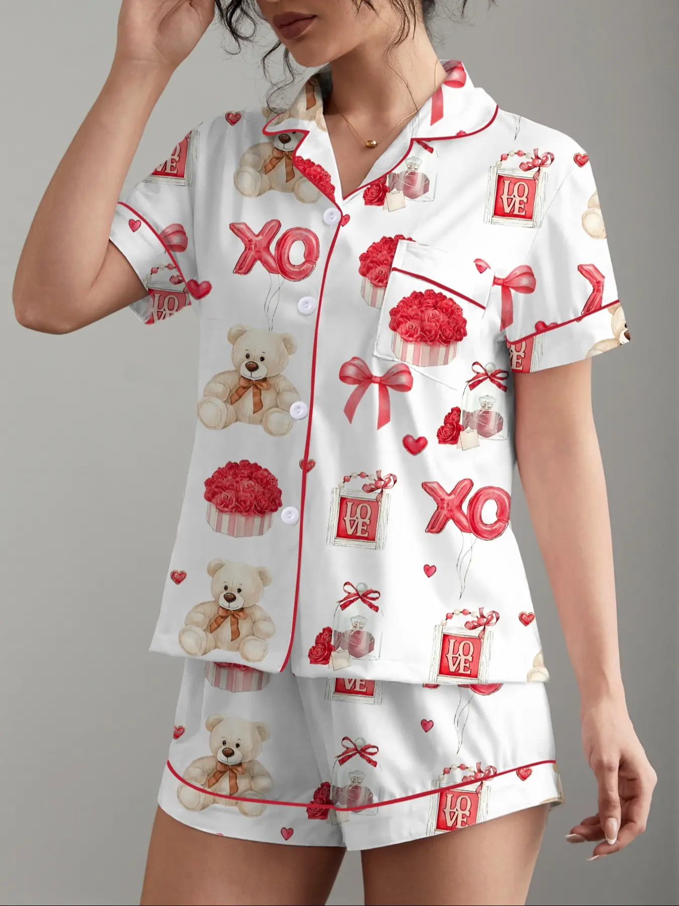Women's Bear Gift Box Printed Sleepwear Set, Valentine's Day Party Pajamas, Soft Shirt & Elastic Shorts, Casual Home Wear