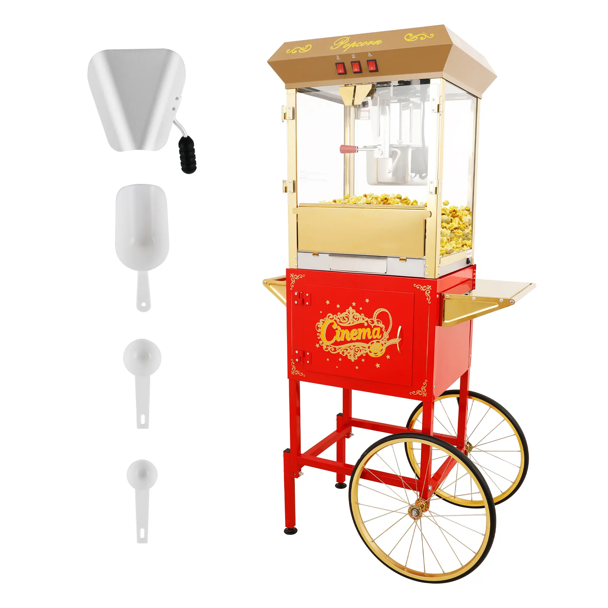 16Oz Commercial Popcorn Machine With Cart and 16 Oz Kettle ,popcorn maker machine with stand, Movie Theater Popcorn Machine, Red Golden Pop Corn Machine with 3-Switch Control & Steel Frame Tempered Glass Doors