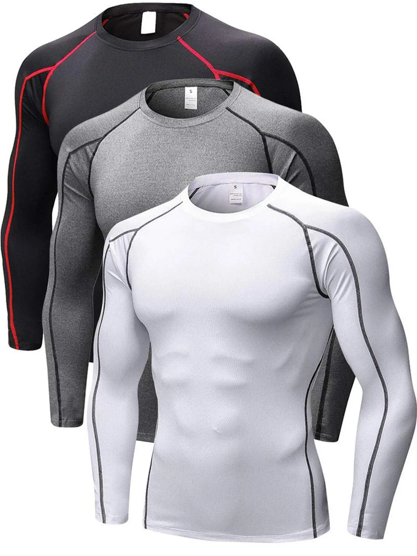 Men's 3pcs Solid Contrast Binding Compression Shapewear Tee, Comfortable Breathable Long Sleeve Shapewear T-Shirt for Daily Wear, Athletic Compression Shirts, Compression Undershirts