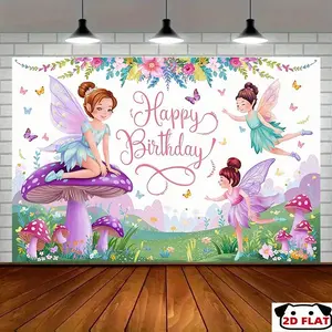 2D Flat Banner 1pc, Fairy Garden Happy Birthday Party Banner - Whimsical Backdrop Magical Forest Scene, Colorful Butterflies & Mushrooms, Perfect Room Decor, , Photo Props, Birthday Party Decor, Birthday Banner