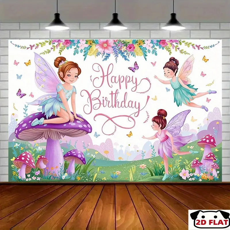 2D Flat Banner 1pc, Fairy Garden Happy Birthday Party Banner - Whimsical Photo Backdrops Magical Forest Scene, Colorful Butterflies & Mushrooms, Room Decor, Photo Props, Birthday Party Decor, Party Decoration