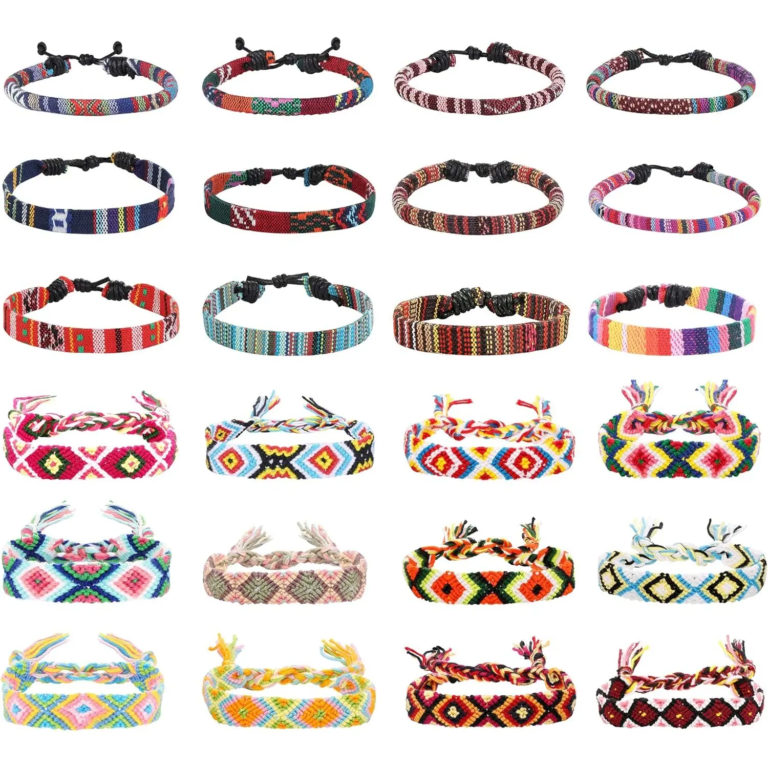 FINREZIO 24 Pcs Colorful Boho Woven Friendship Bracelets Set for Women Men Adjustable Handmade Braided String Bracelets Colorful Bohemian Stackable Surfer Bracelets Summer Beach Vacation Jewelry Set Hippie Gift for Bestie