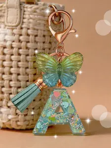Cute Initial Keychain with Resin Glitter Butterfly Tassel, Capital Letters Pendant, Key Chain, Keychain Bag Pendant for Women Girls Students Backpack Decor Gift, Trendy Cute Keychain