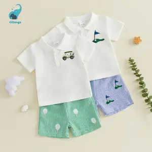 Baby Boys Summer Golf Outfits Embroidery Lapel Short Sleeves T-Shirt and Elastic Striped Shorts Set
