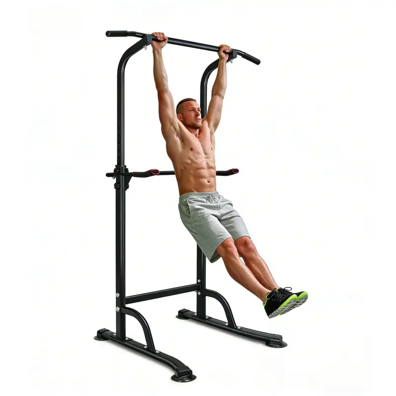 Adjustable Height Foldable Steel Frame Power Tower, Sturdy Pull-Up-Dip Station, Multi-Use Space-Saving Home Gym Equipment for Home, Garage, 330lb Capacity, Small Space-Friendly