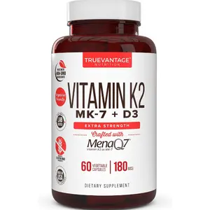 Truevantage Nutrition Vitamin K2 MK-7 Supplement 180mcg with MenaQ7 & D3 for Bone & Heart Health 60 Easy to Swallow Capsules Non-GMO Gluten-Free