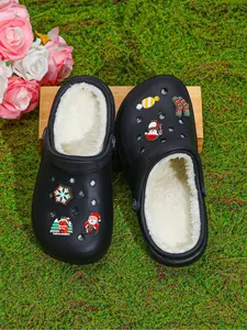 Women's Christmas Fleece Sandals with Santa Candy Snowflake Elements, Durable Casual Indoor Slippers, Warm Comfortable Garden Shoes