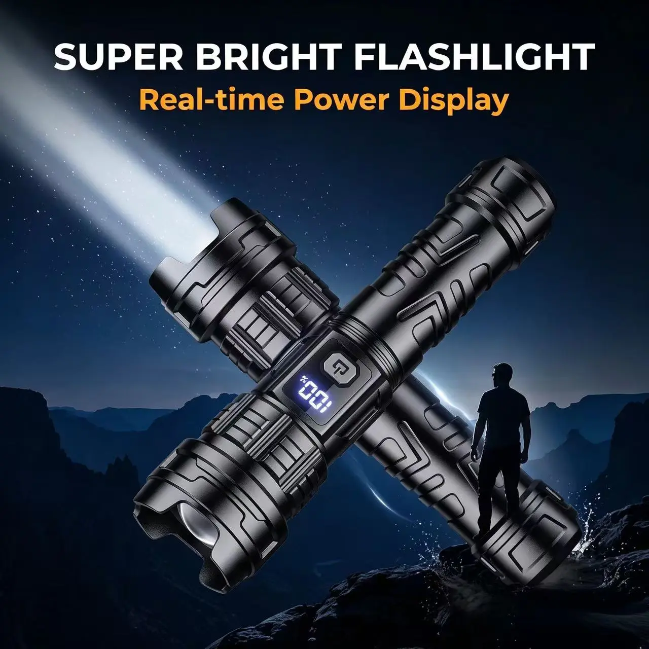 LED Tactical Flashlight - Super Bright, 1-Button Control, Real-Time Digital Power Display, Impact-Resistant, Waterproof Handheld Torch for Camping, Hiking, Emergency Backup