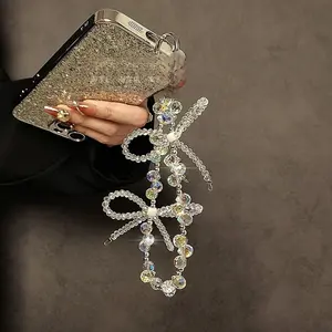 Bowknot Design Beaded Phone Chain, Fashionable Phone Lanyard, Portable Short Wrist Strap for Mobile Phone Case, Car Keychain, Bag Pendant