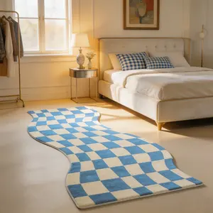 Blue Checkered Wave Edge Rug, Korean Style Girl Bedroom Bedside Mat, Soft Cute Decorative Carpet, Non-Slip Durable Foot Pad