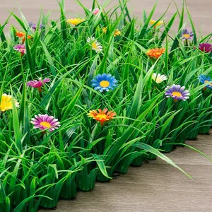 20x60cm/7.9x23.6in Artificial Grass Edging Strip with Colorful Flowers, UV-resistant & No Maintenance Fake Lawn Border, Perfect for Garden, Patio, Balcony, Fence & Wedding Decoration