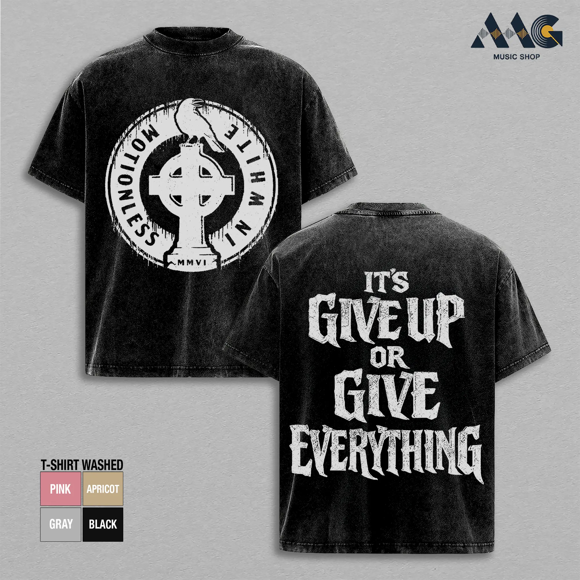 Motionless In White Celtic Cross Crow Logo Vintage Washed Shirt, Metalcore Band Lyric Graphic Tees, It’s Give Up Or Give Everything Retro Streetwear, Heavyweight Cotton Goth Style Music Shirt, Alternative Rock Fan Apparel, Dark Urban Graphic Tee